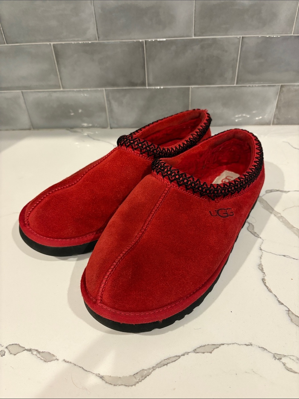 UGG Men's Red Suede Slip-On Loafers with Black Trim